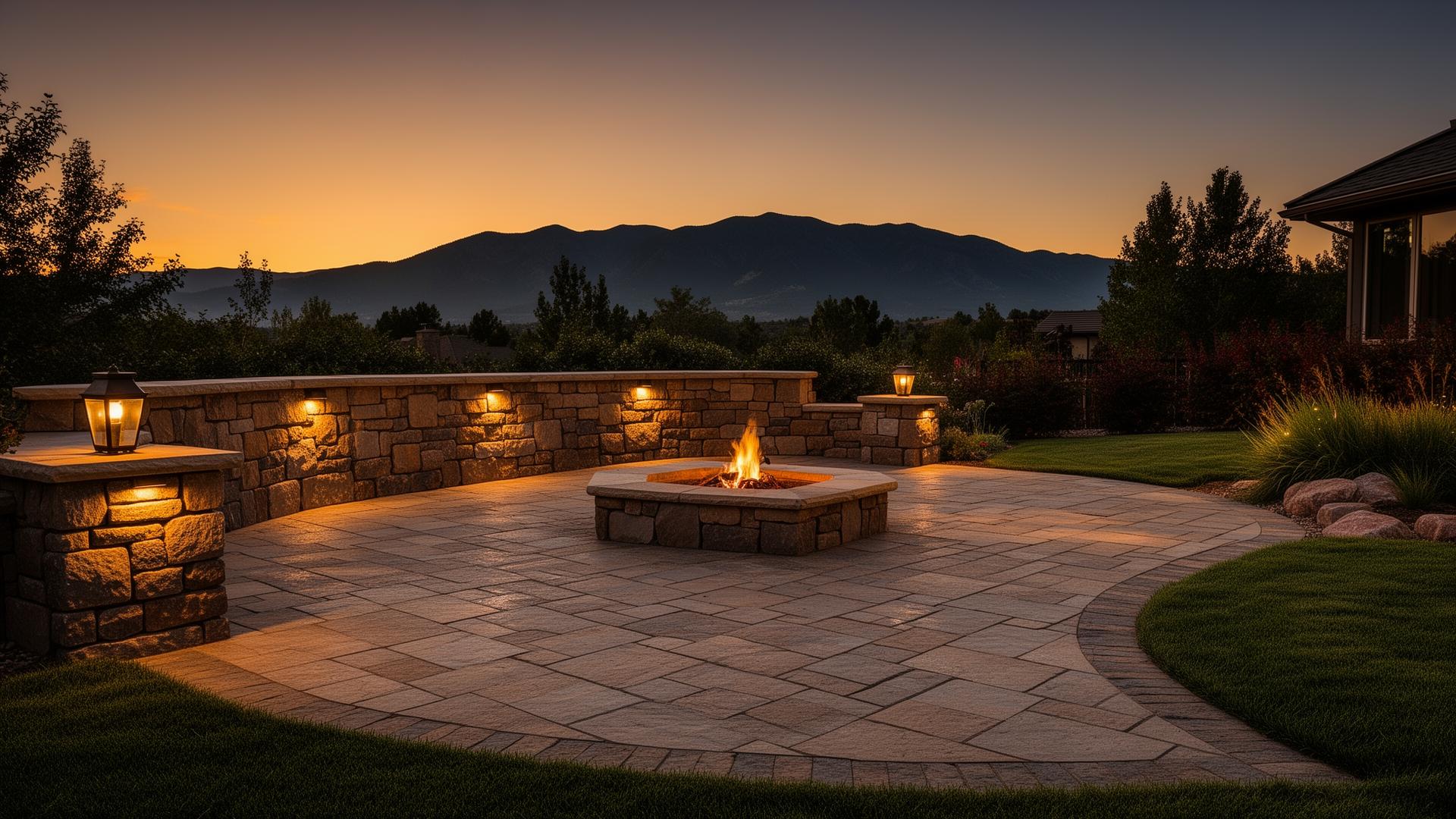 Hardscape paver patio with stone retaining wall and fire pit at golden hour in Colorado